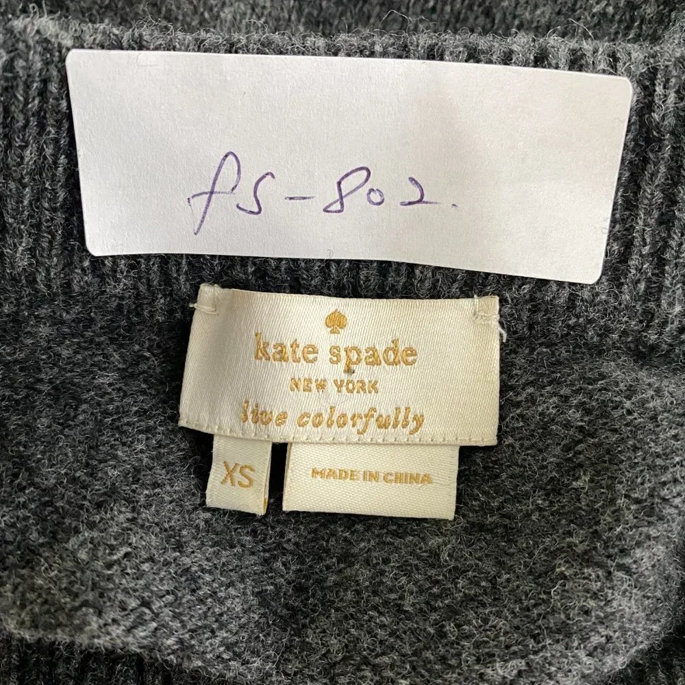 Kate Spade Sweater‎ Bow Wool Gray Black Sheep Leather Elbow Patch Women's XS